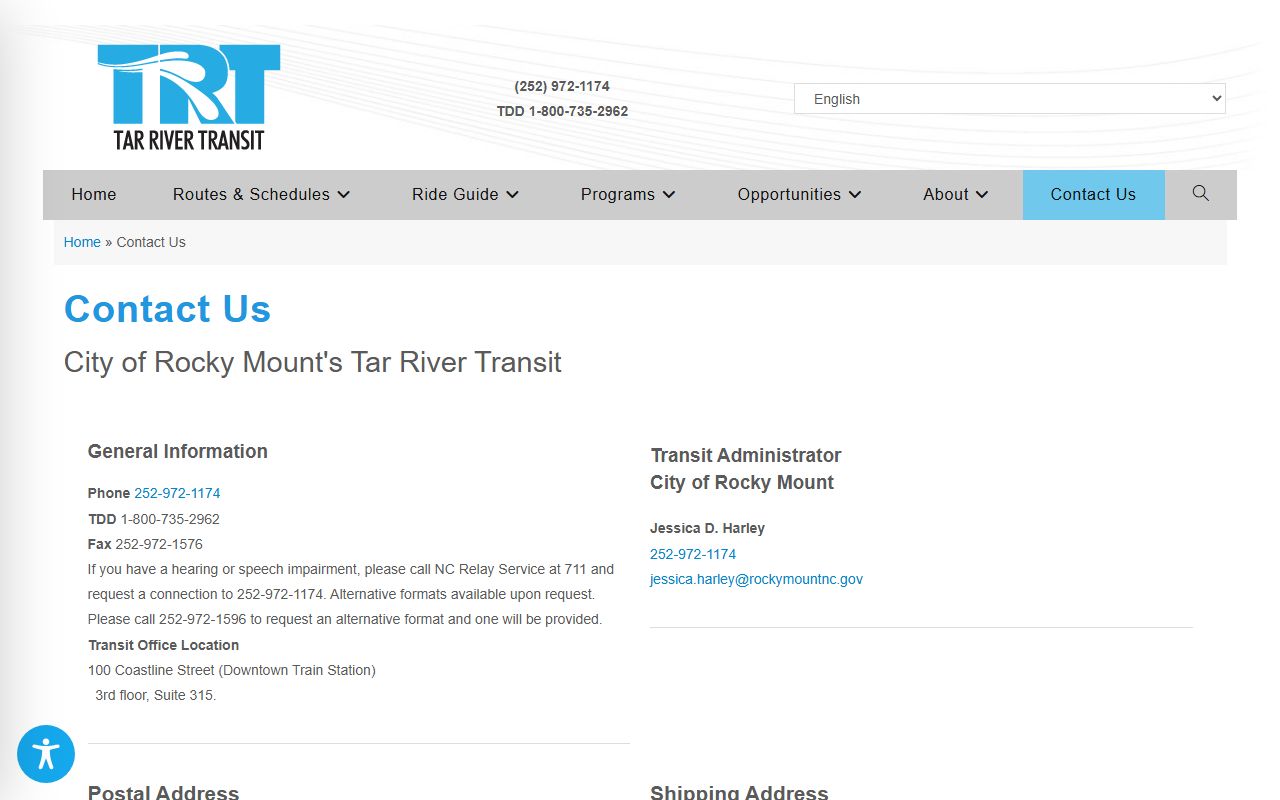Rocky Mount phone directory Tar River Transit contact page