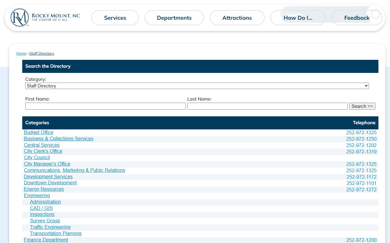 Rocky Mount phone directory city staff directory