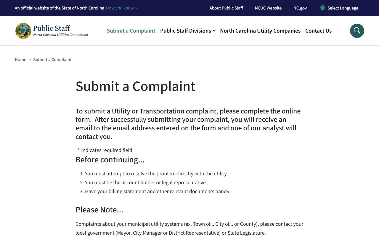 Rocky Mount phone codes NC Public Staff complaint form